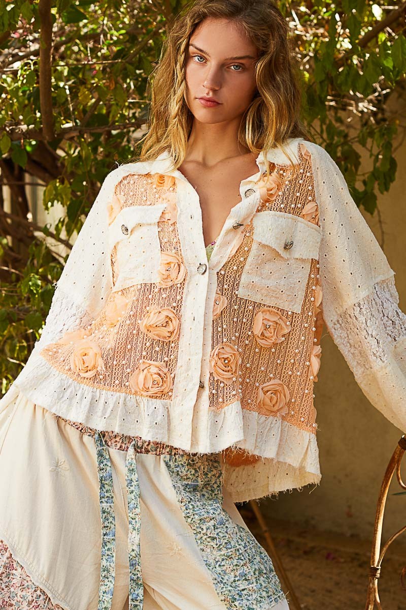 Apricot Eyelet Flower Pearl Patchwork Top