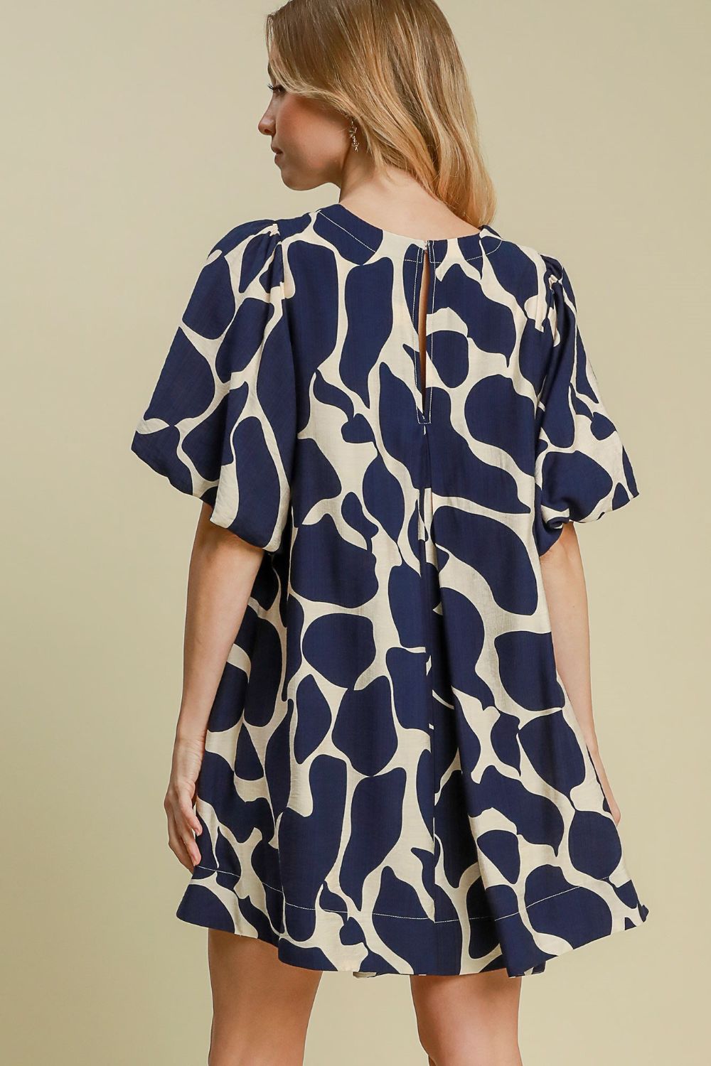 Navy Abstract Print Puff Sleeve Dress