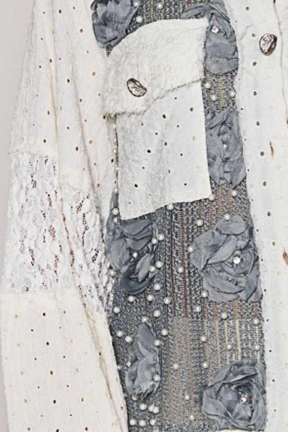 Cream & Charcoal Eyelet Lace Patchwork Top