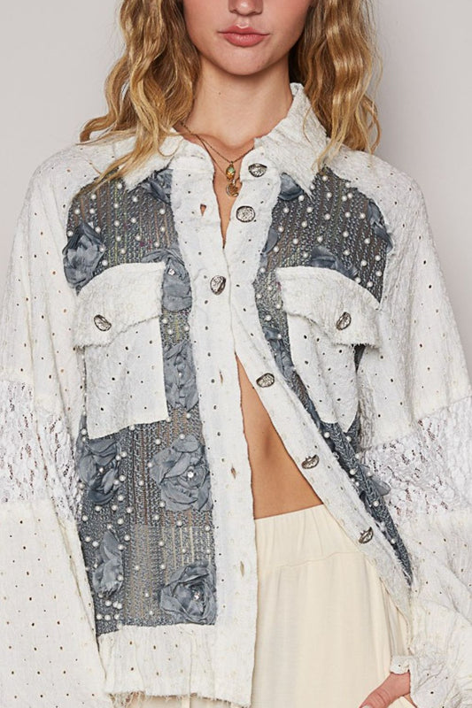 Cream & Charcoal Eyelet Lace Patchwork Top