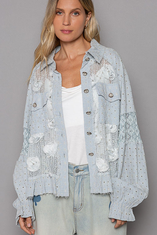 Light Blue Eyelet Flower Patchwork Top