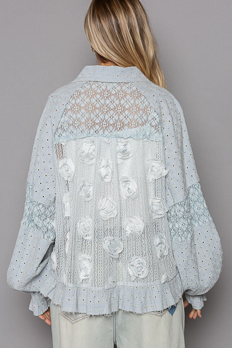 Light Blue Eyelet Flower Patchwork Top