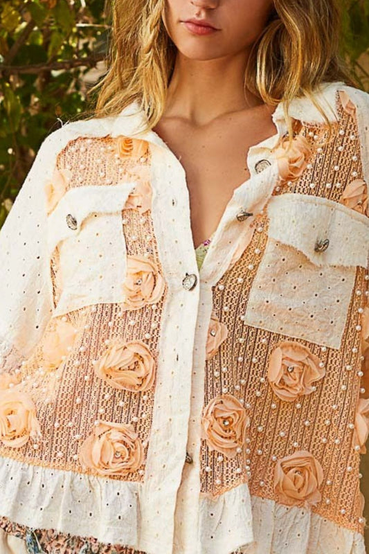 Apricot Eyelet Flower Pearl Patchwork Top