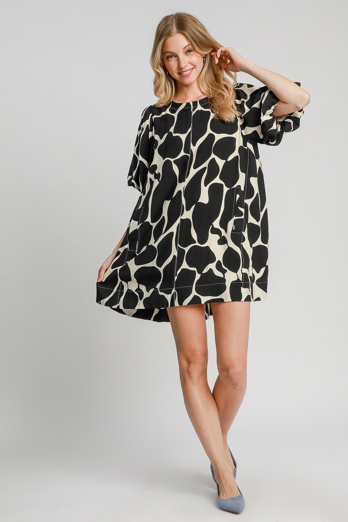 Black Abstract Print Puff Sleeve Dress
