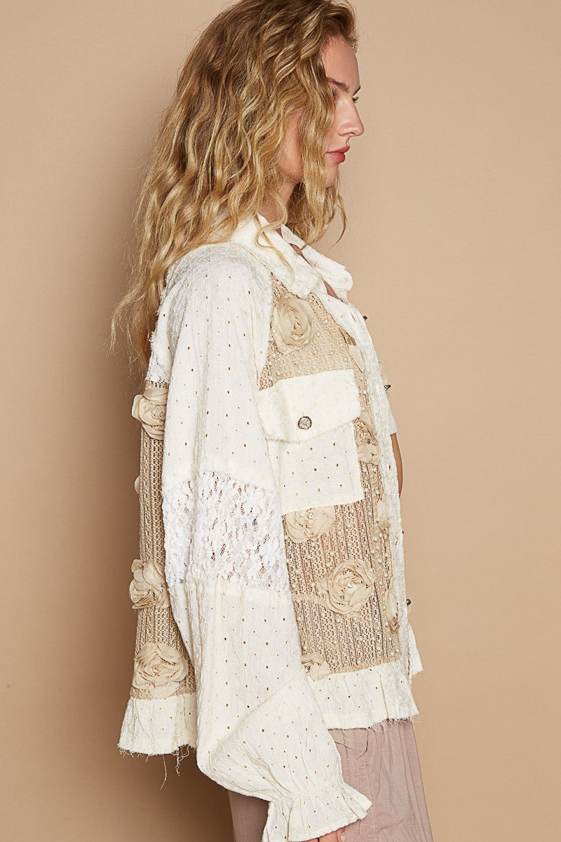 Cream Eyelet Flower Pearl Lace Patchwork Top