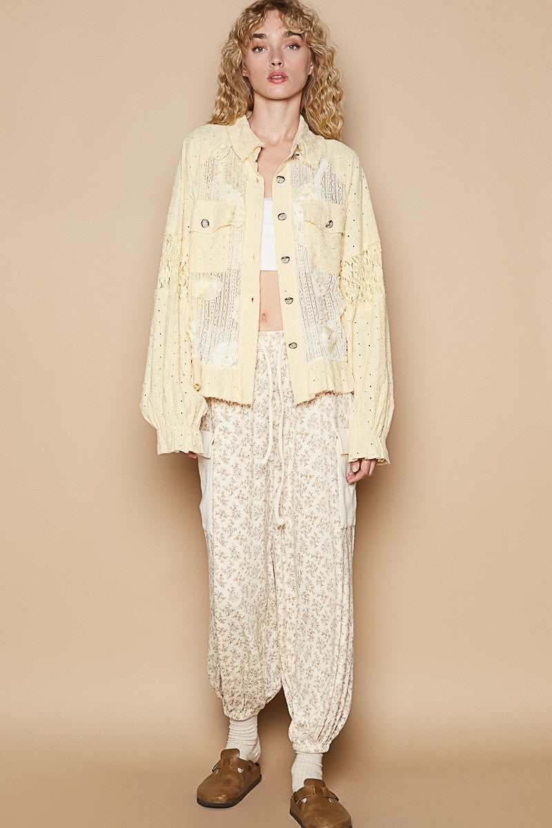 Eyelet & Pearl Detailed Lace Patchwork Top