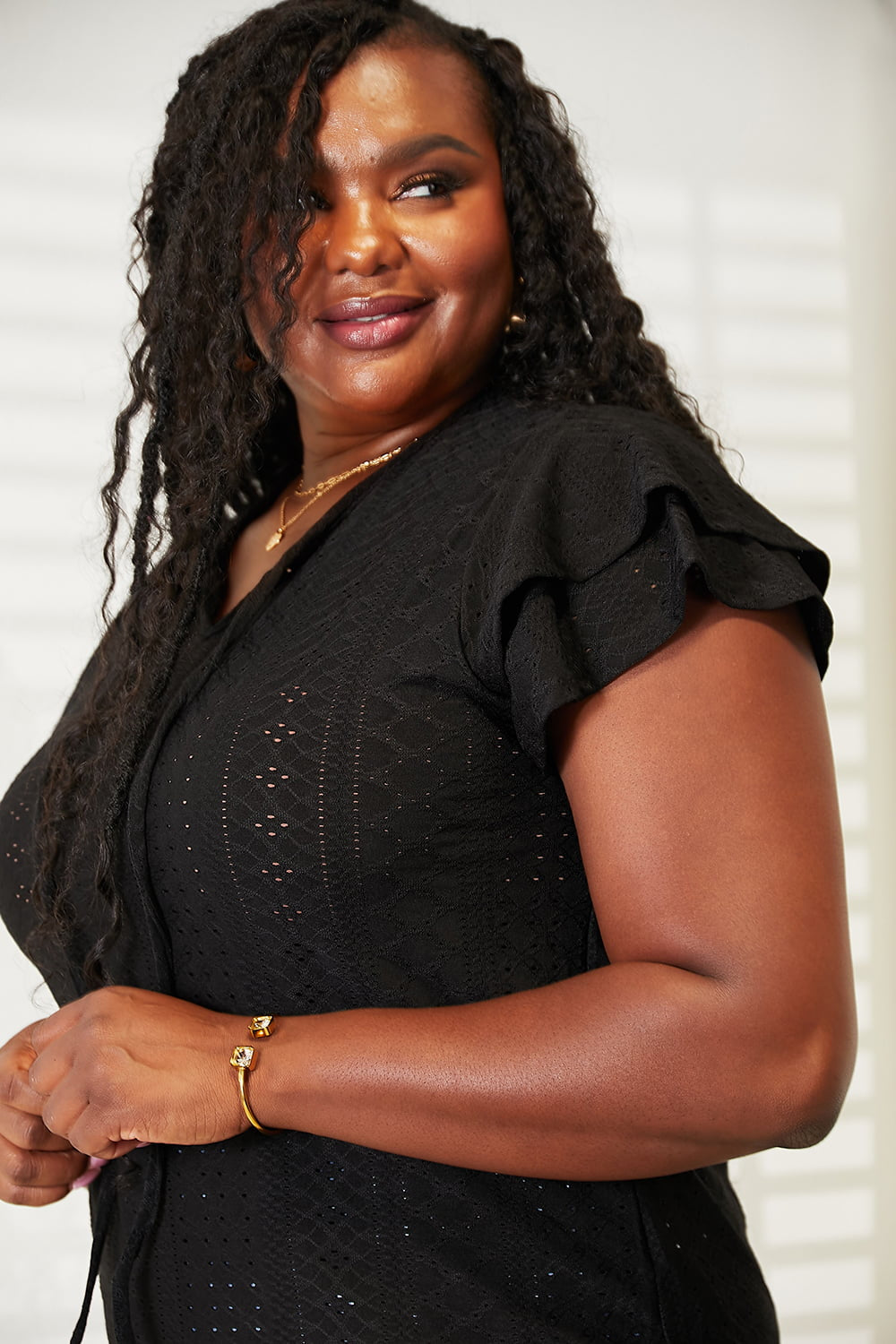 Black Eyelet Tie-Neck Flutter Sleeve Top