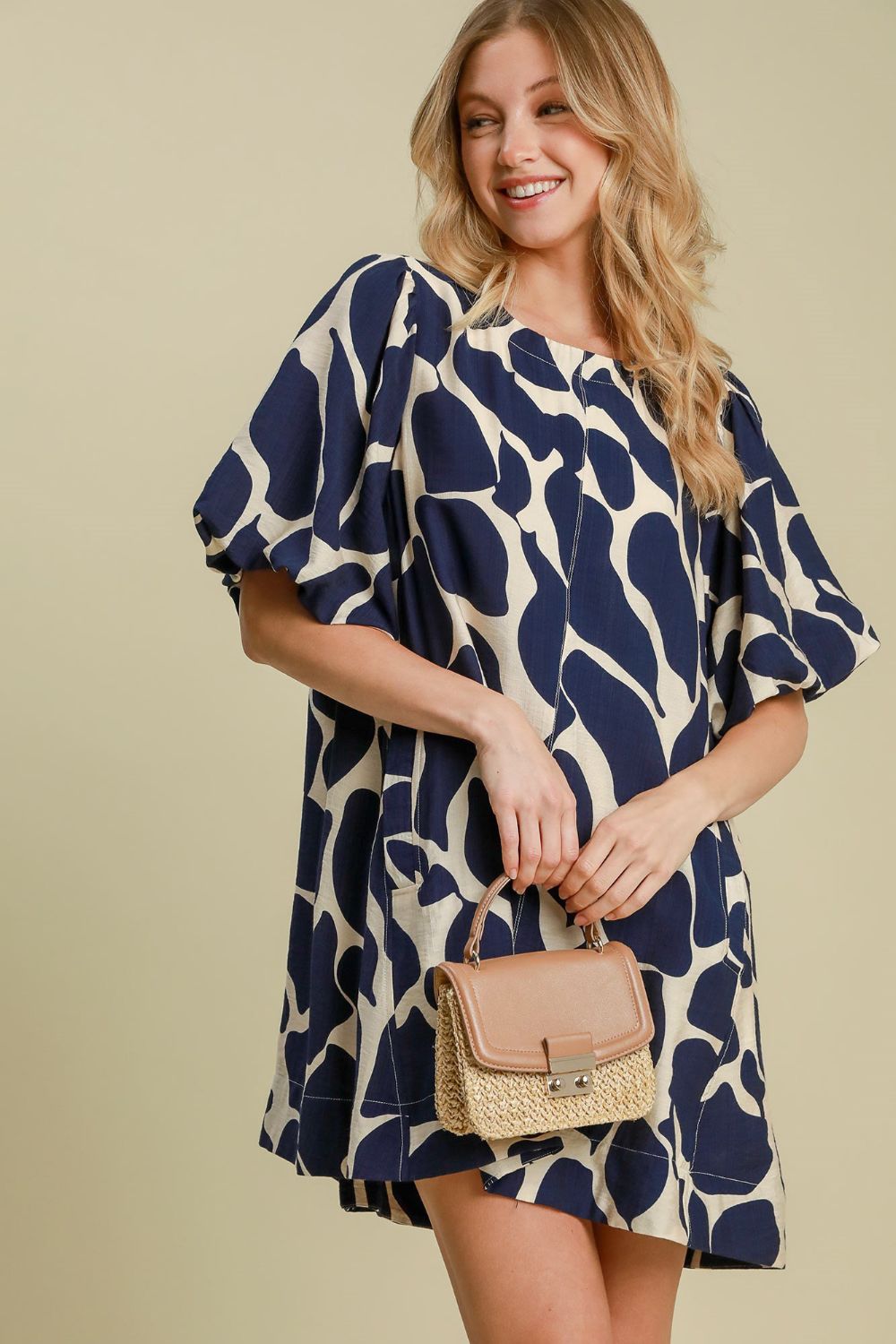 Navy Abstract Print Puff Sleeve Dress