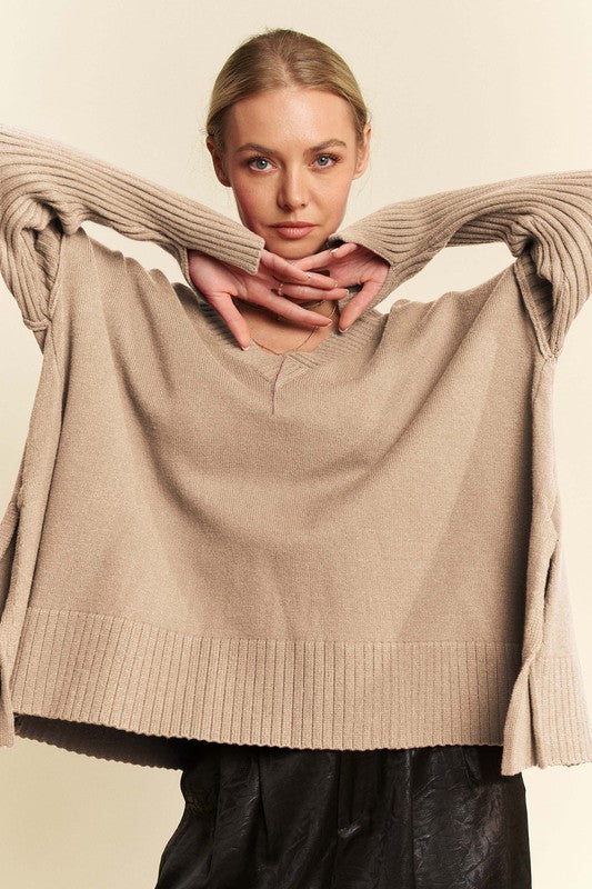 Tan Side Slit V-Neck Sweater