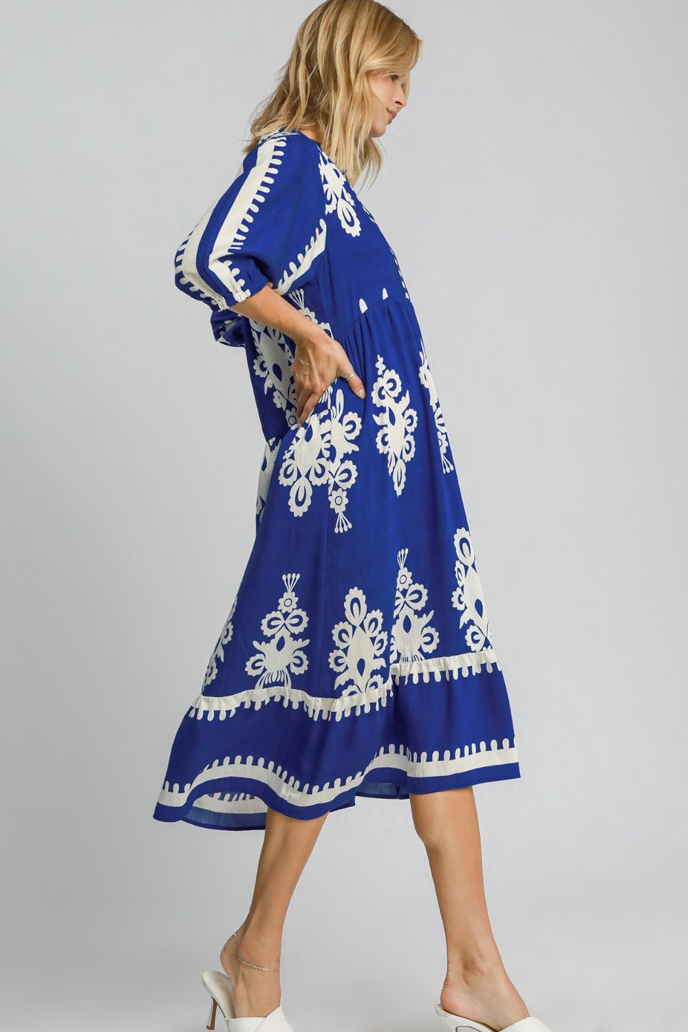 Blue Notched Neck Casual Midi Dress