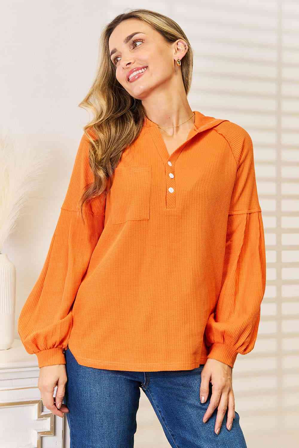 Side Slit Waffle Knit Hooded Top