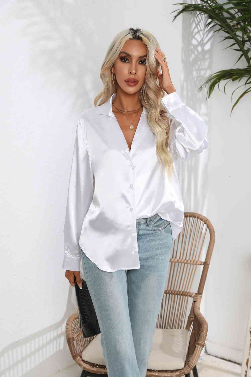 Lapel Collar Satin Sleeve Shirt