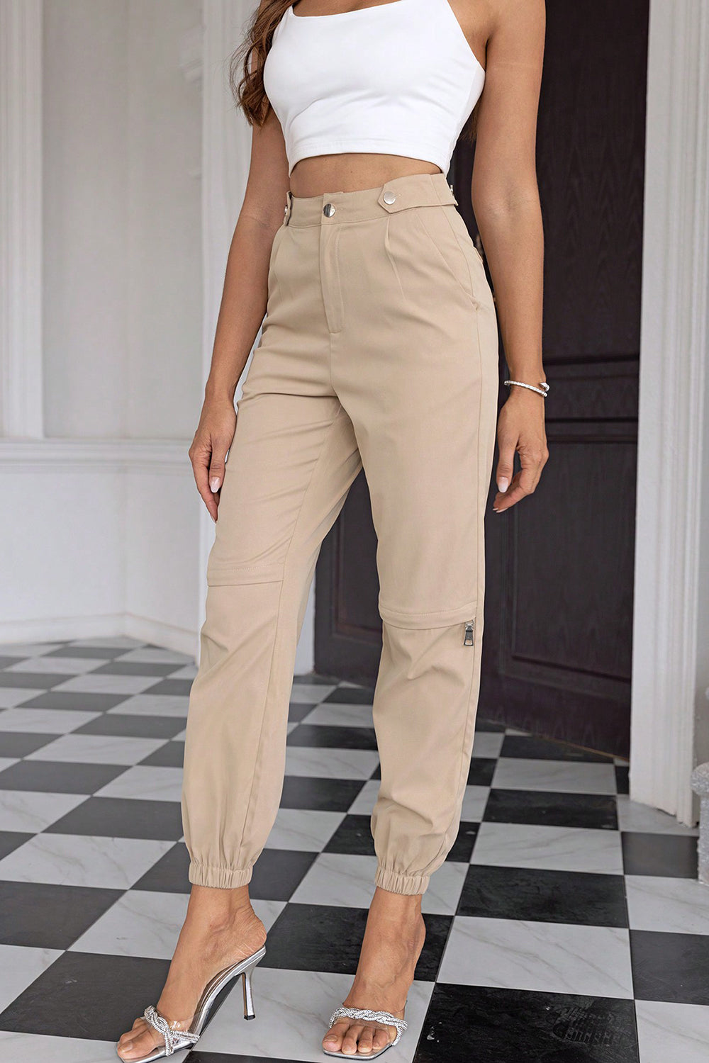 Sand-Beige High Waist Jogger Pants