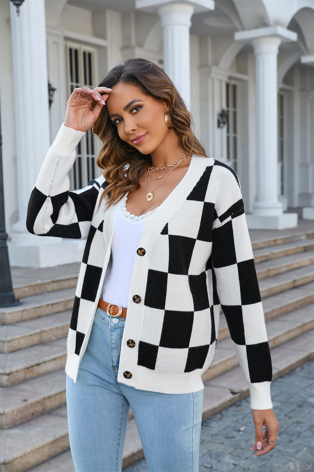 Checkered Button-Up Cardigan