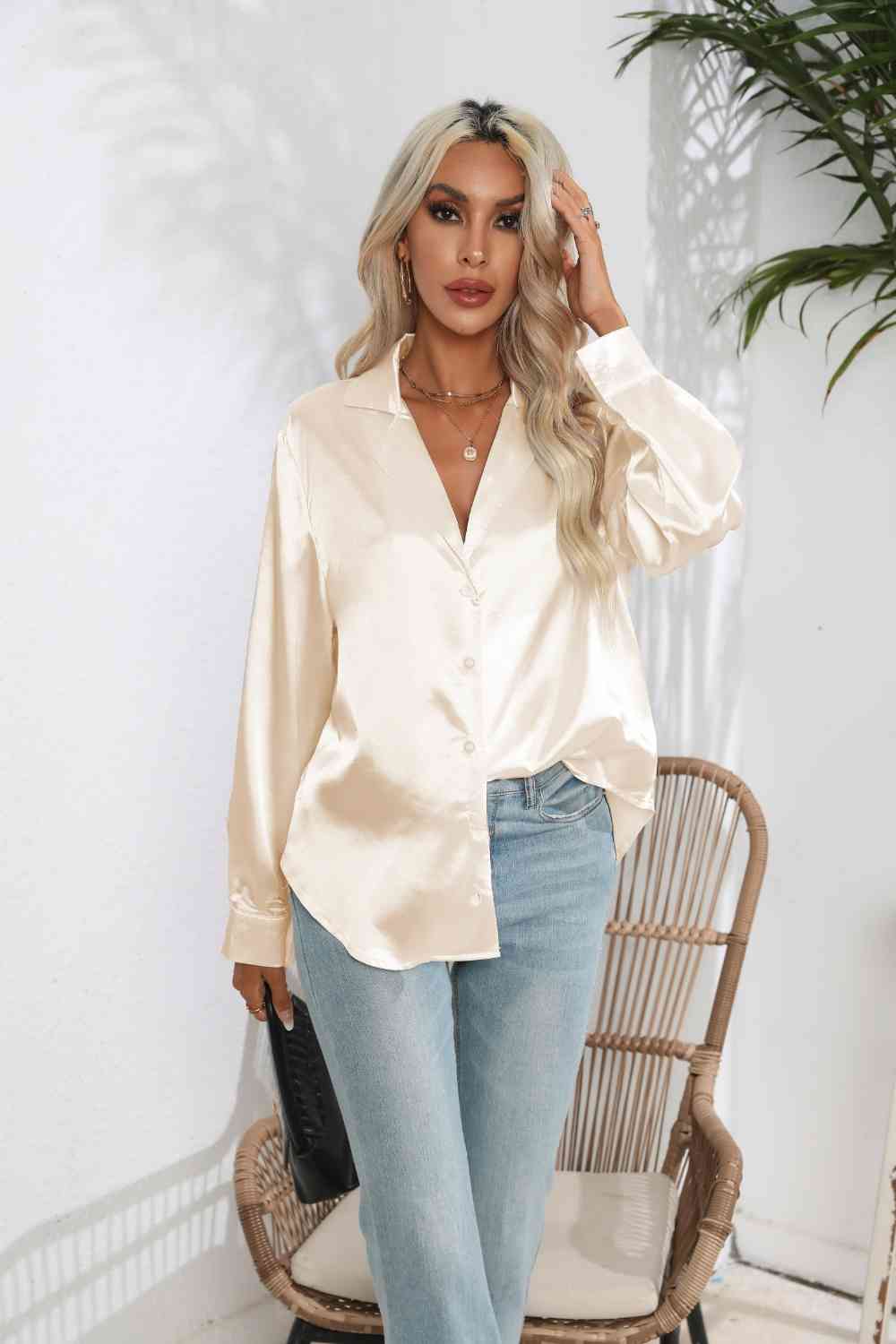 Lapel Collar Satin Sleeve Shirt