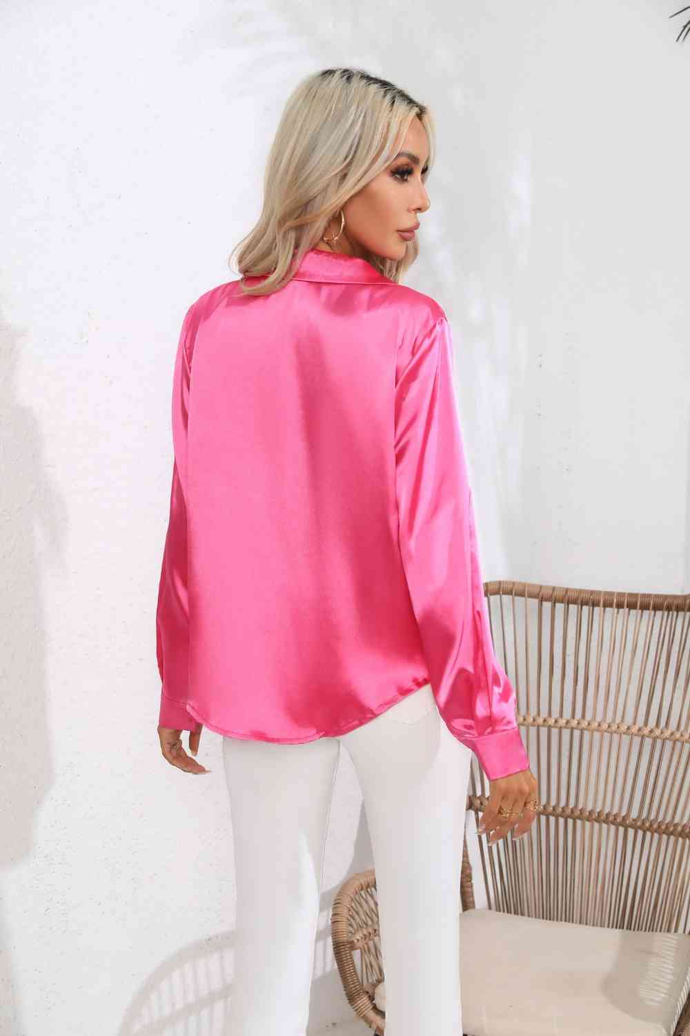 Lapel Collar Satin Sleeve Shirt
