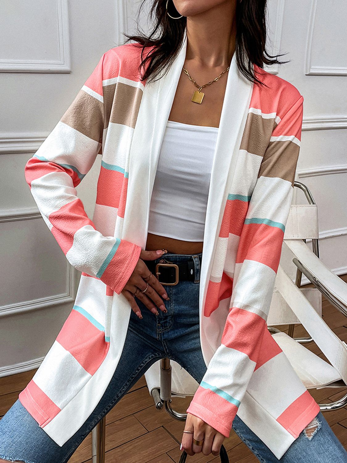 Coral Striped Open Front Cardigan