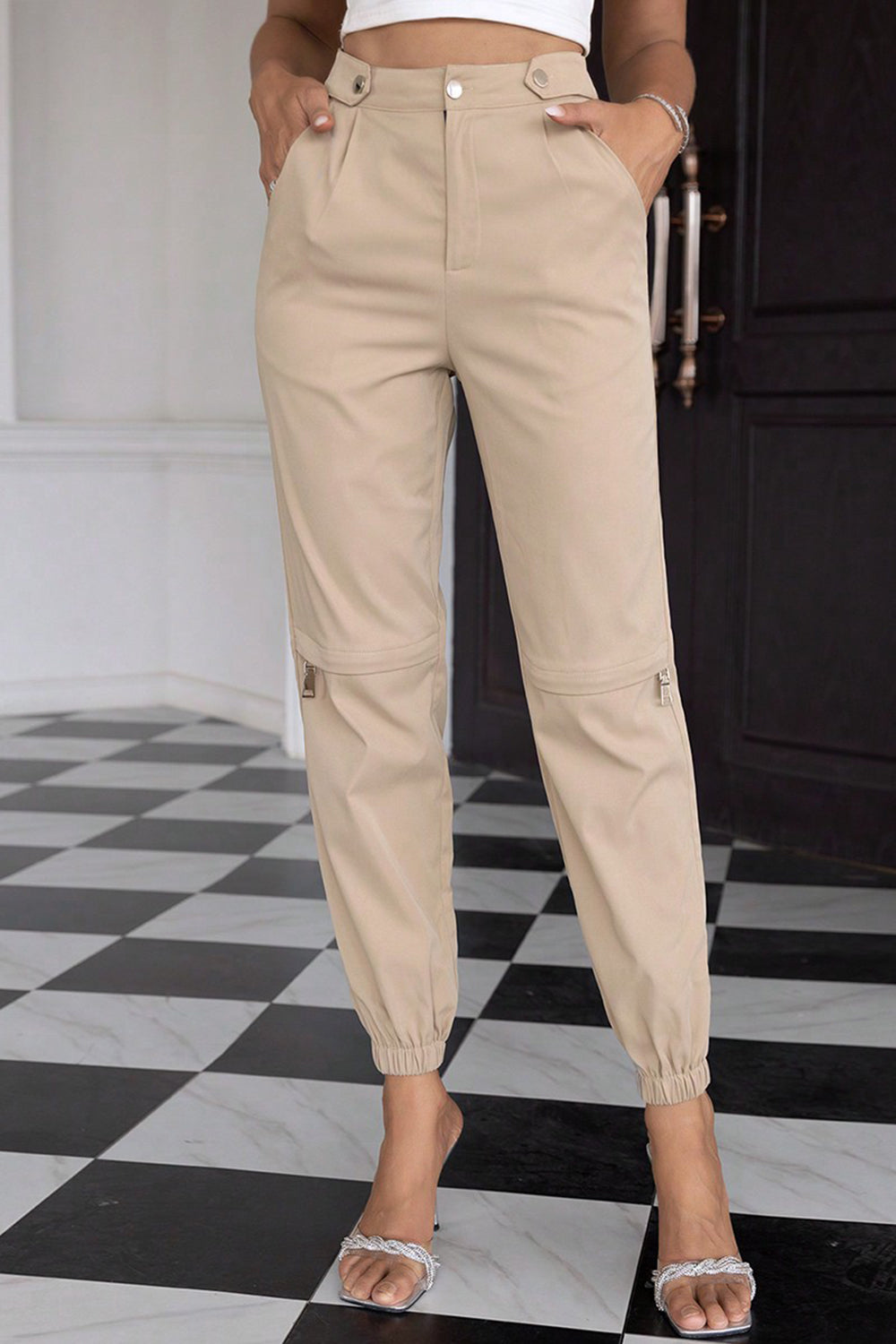 Sand-Beige High Waist Jogger Pants