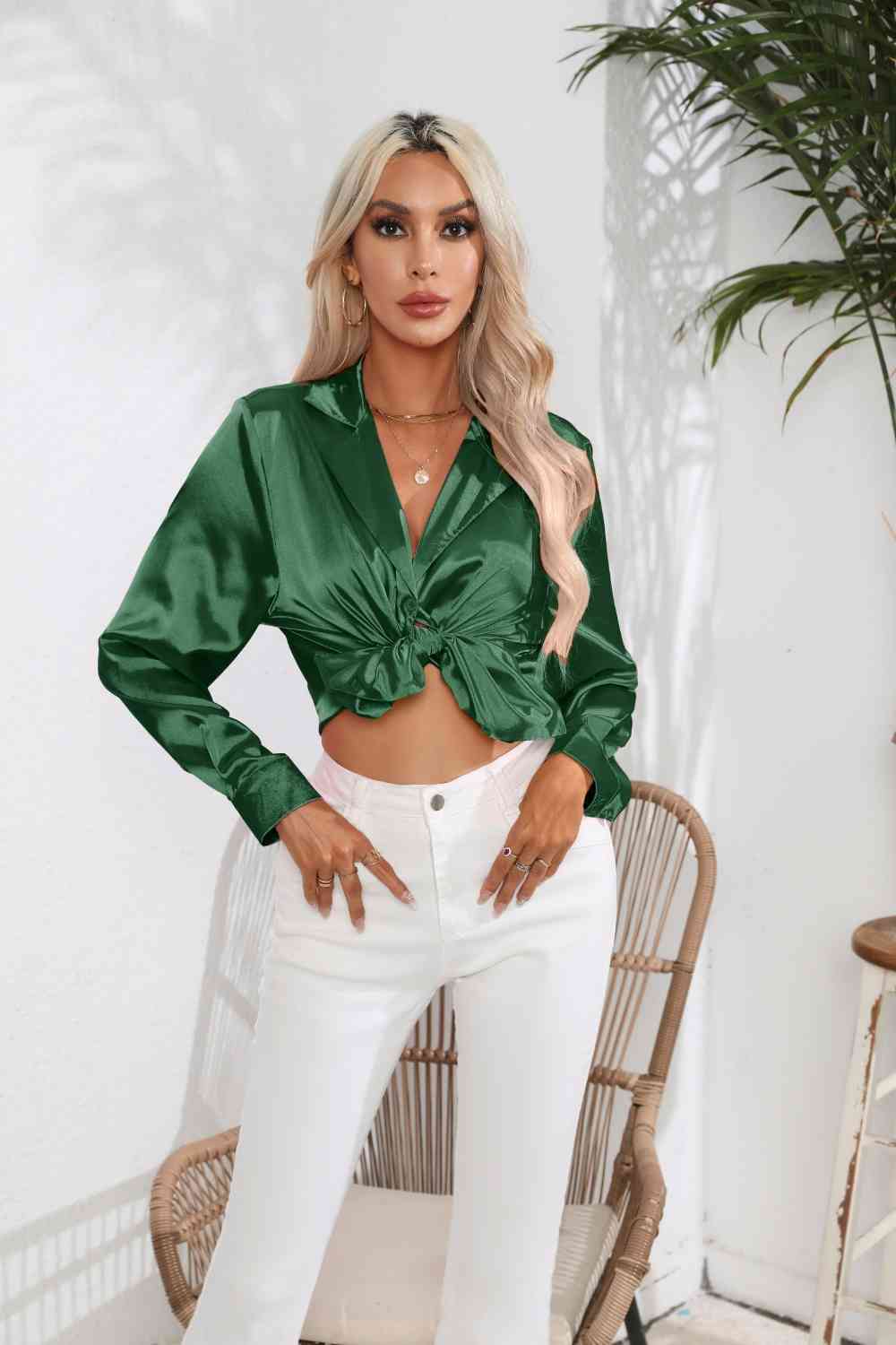 Lapel Collar Satin Sleeve Shirt