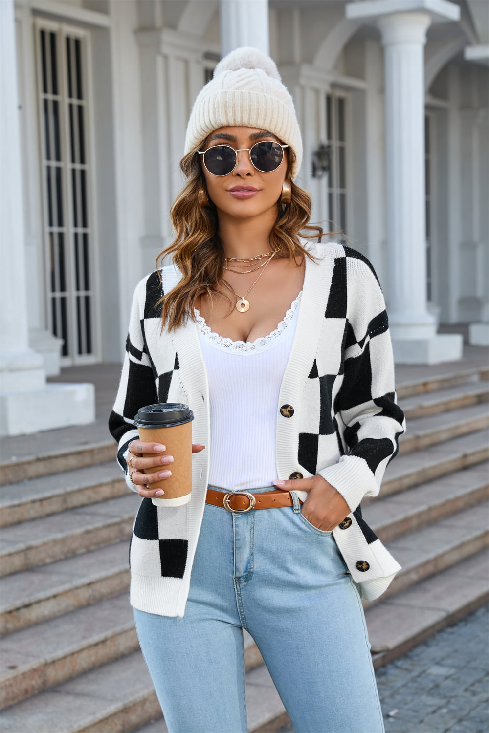 Checkered Button-Up Cardigan