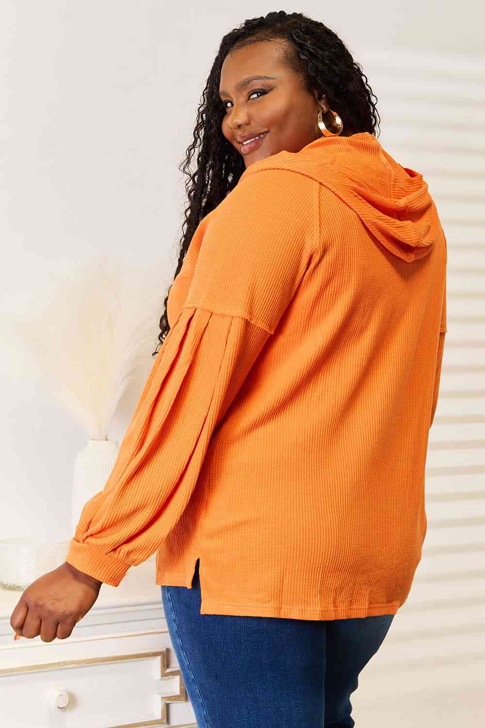 Side Slit Waffle Knit Hooded Top