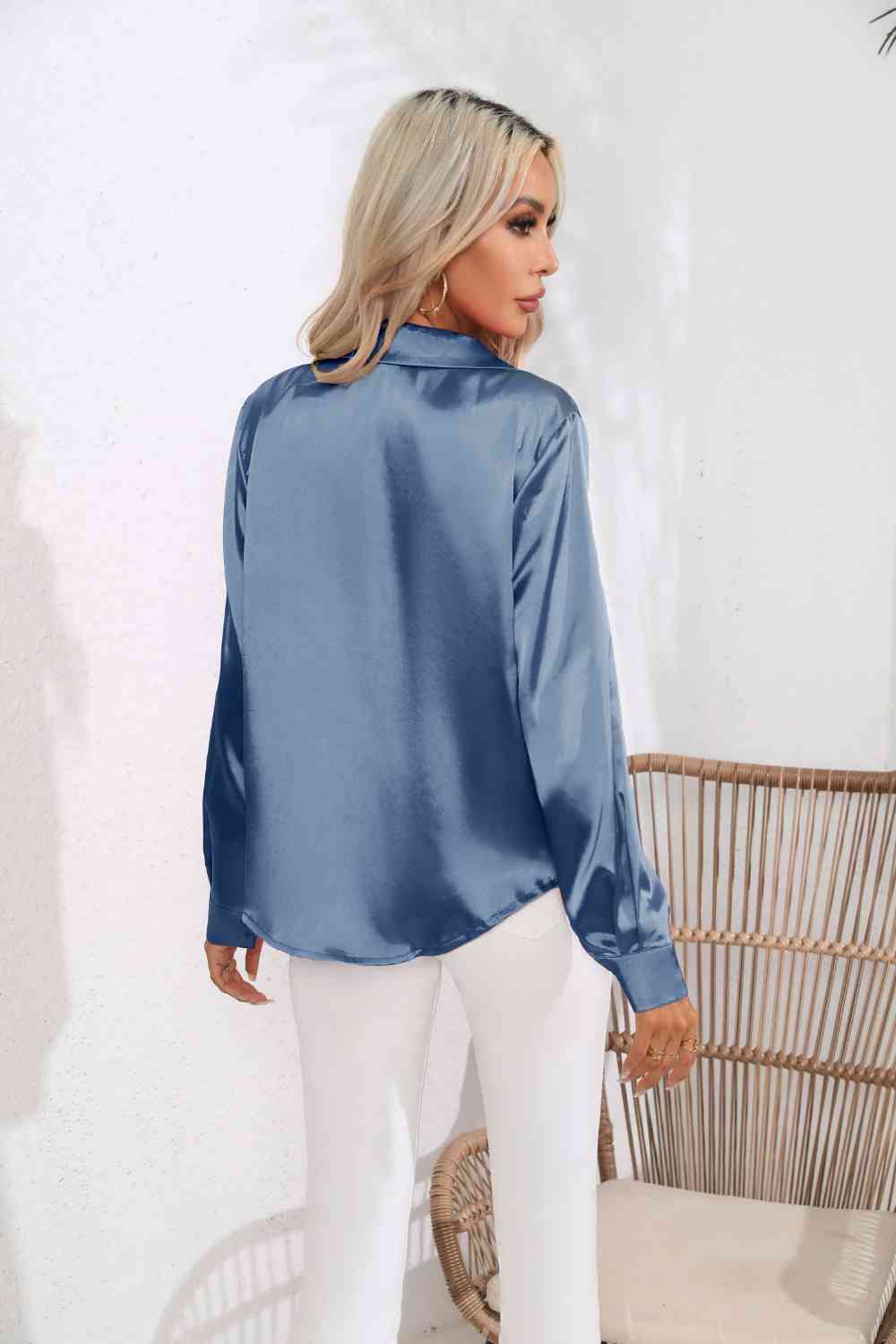 Lapel Collar Satin Sleeve Shirt