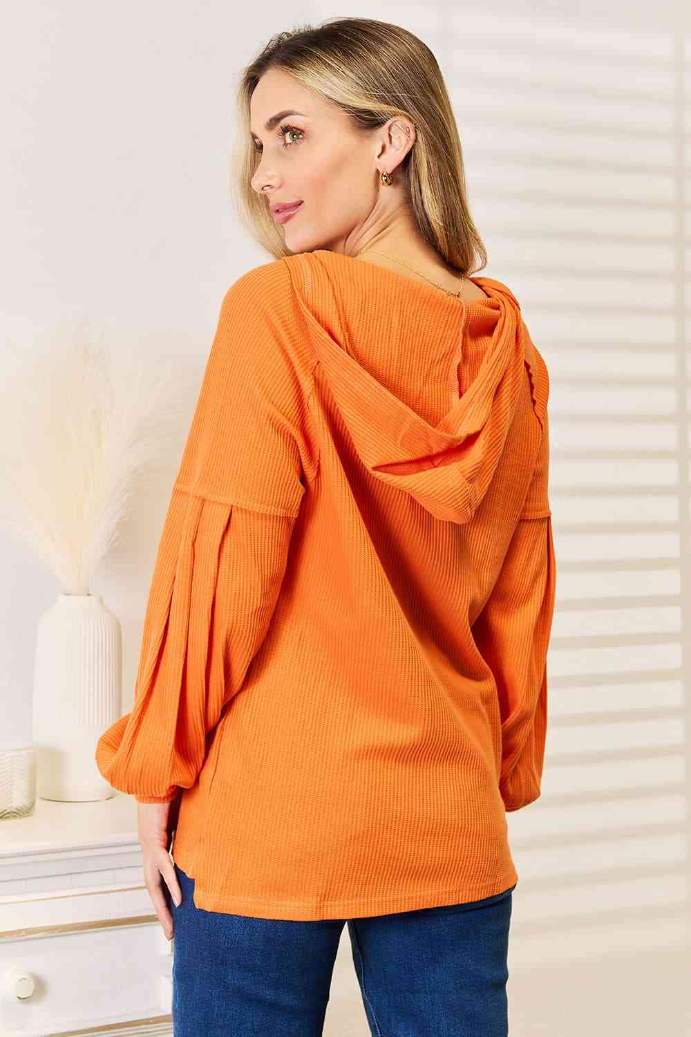 Side Slit Waffle Knit Hooded Top