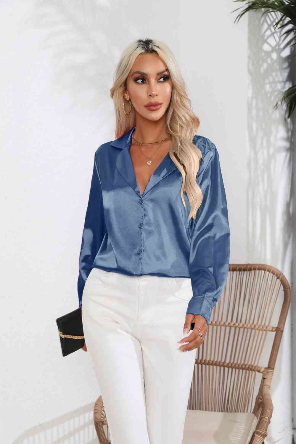 Lapel Collar Satin Sleeve Shirt