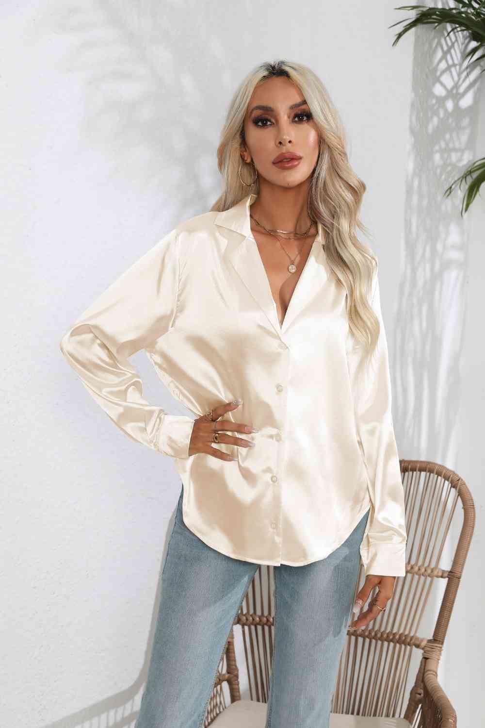 Lapel Collar Satin Sleeve Shirt