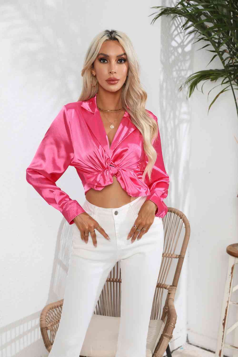 Lapel Collar Satin Sleeve Shirt