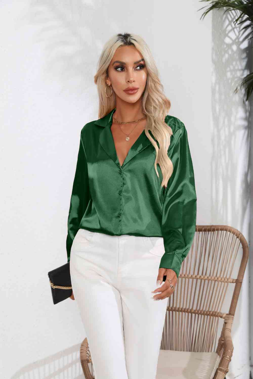 Lapel Collar Satin Sleeve Shirt