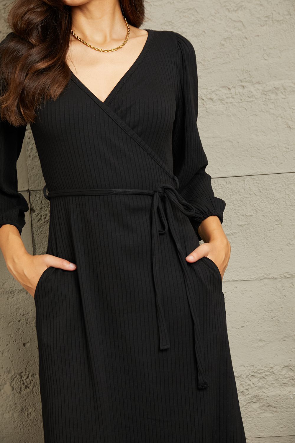 Black Surplice Flare Ruching Dress - Quelle's BoutiQue