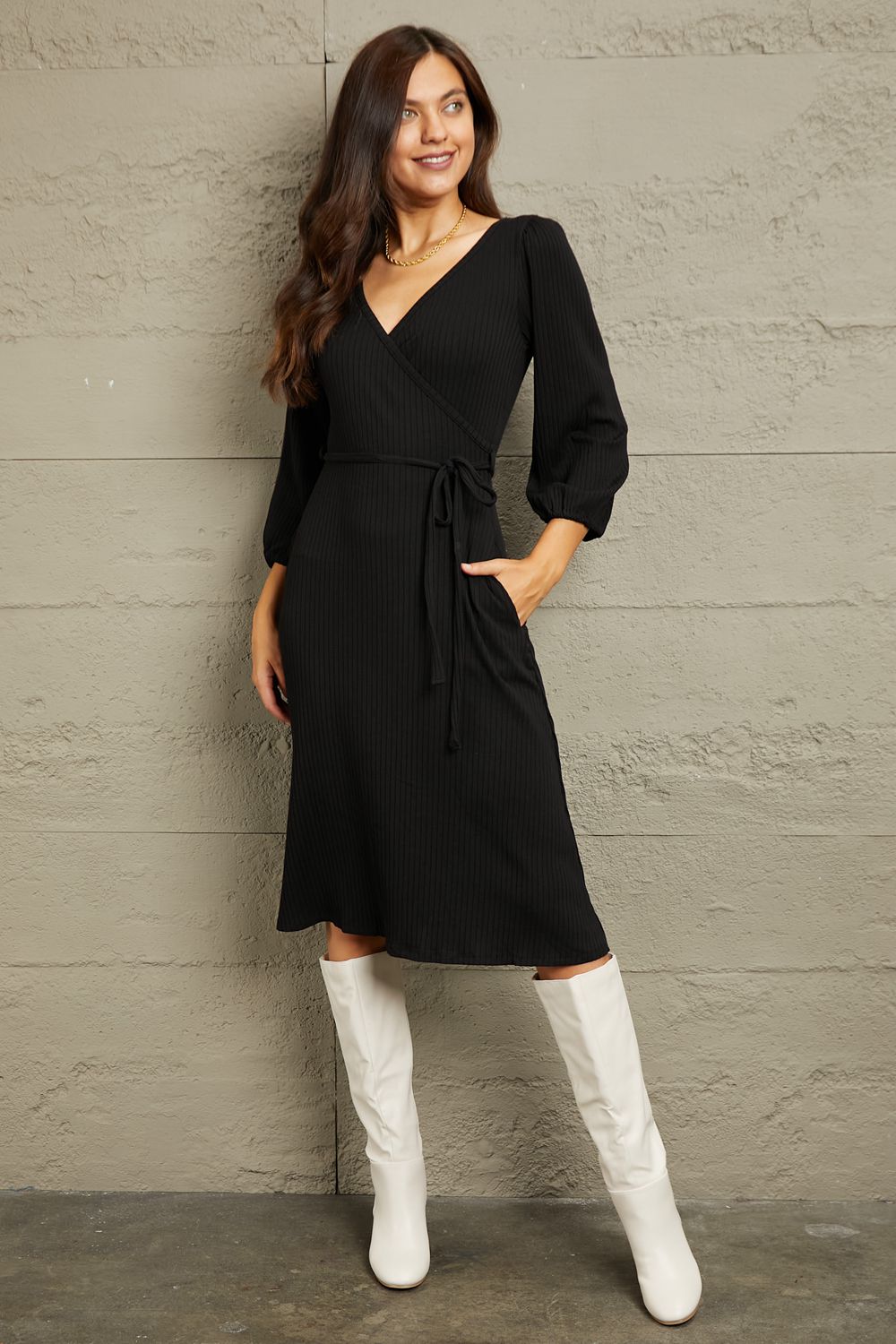 Black Surplice Flare Ruching Dress - Quelle's BoutiQue