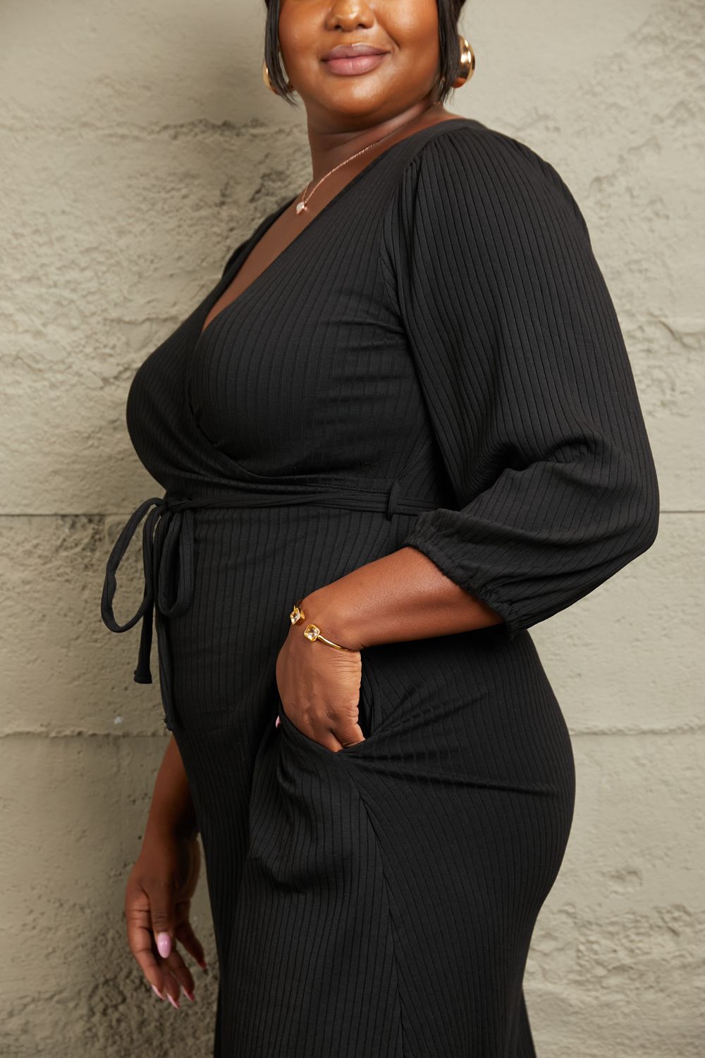 Black Surplice Flare Ruching Dress - Quelle's BoutiQue