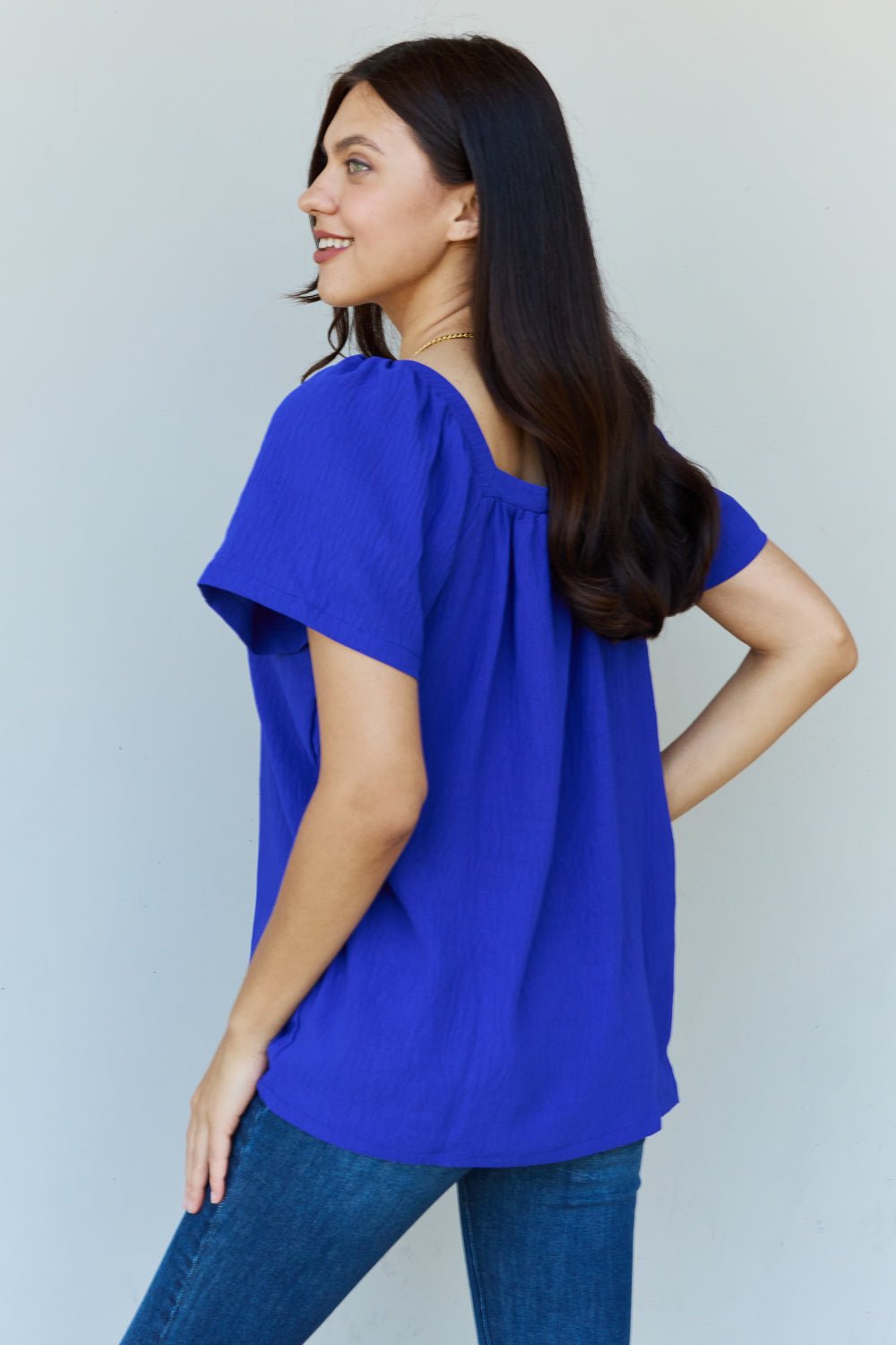 Blue Square Neck Short Sleeve Blouse - Quelle's BoutiQue