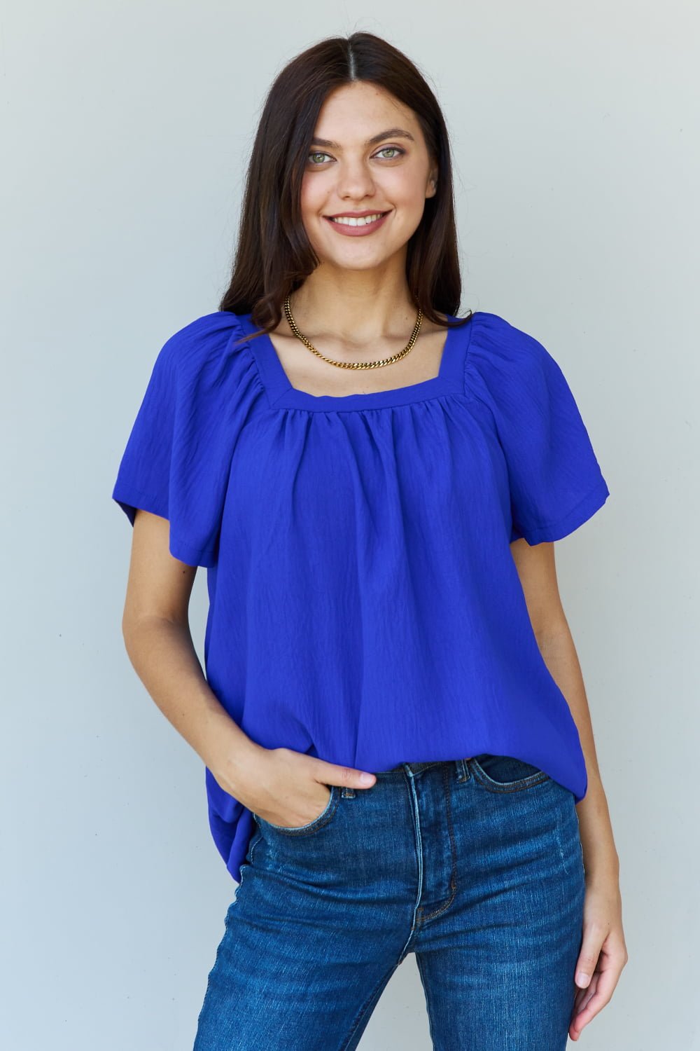 Blue Square Neck Short Sleeve Blouse - Quelle's BoutiQue