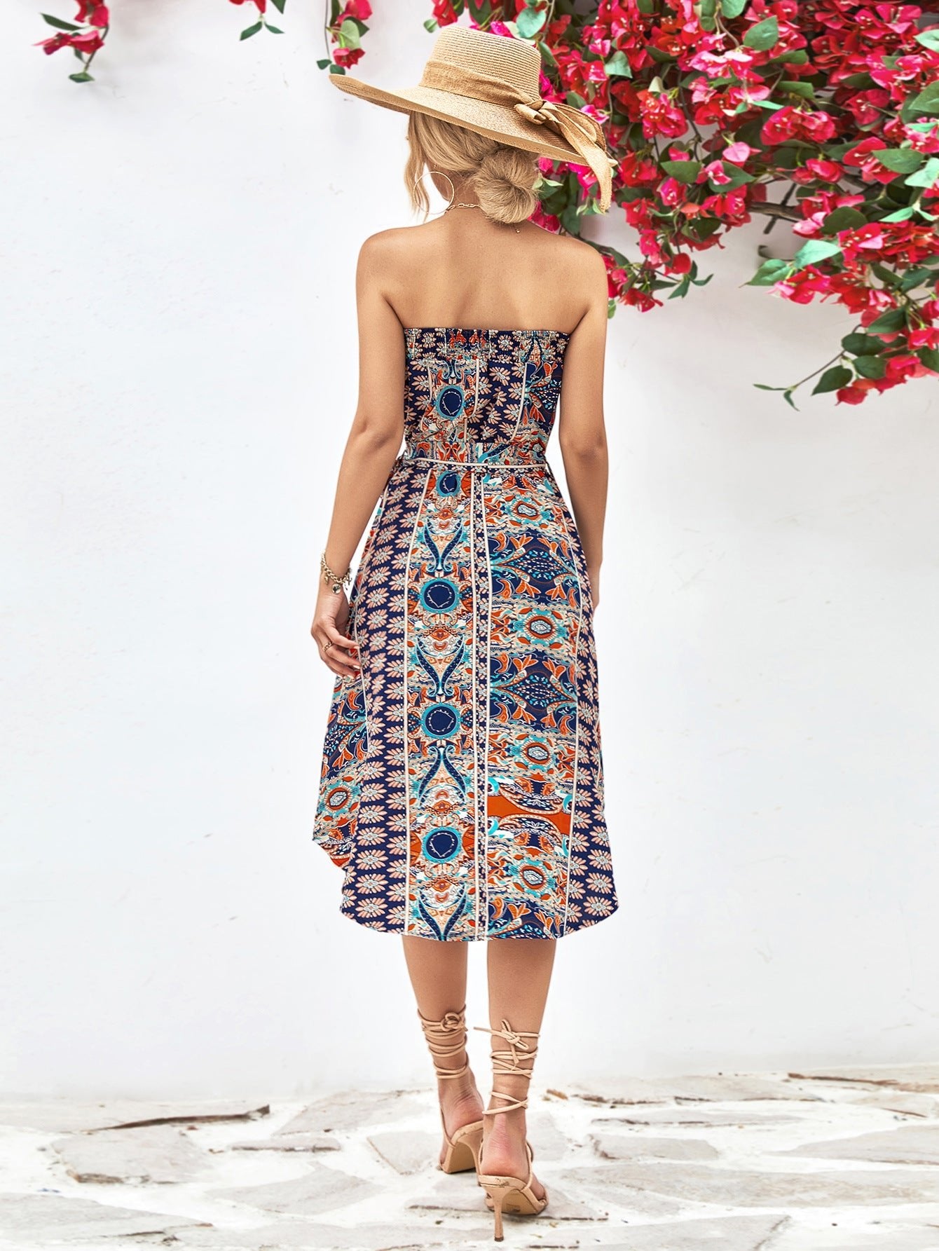 Boho Printed Strapless Tie Belt Dress - Quelle's BoutiQue
