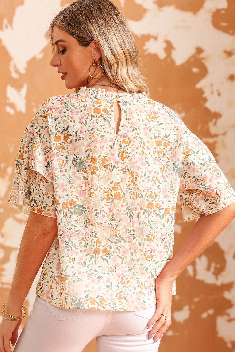 Cream Floral Short Sleeve Blouse - Quelle's BoutiQue