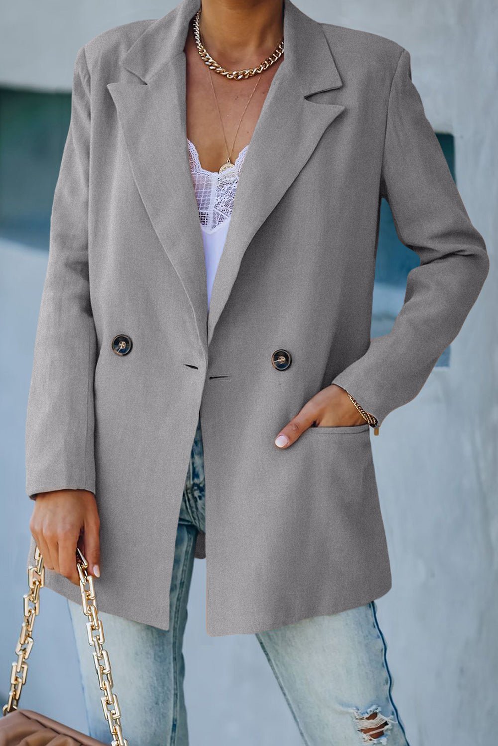 Double-Breasted Padded Shoulder Blazer - Quelle's BoutiQue