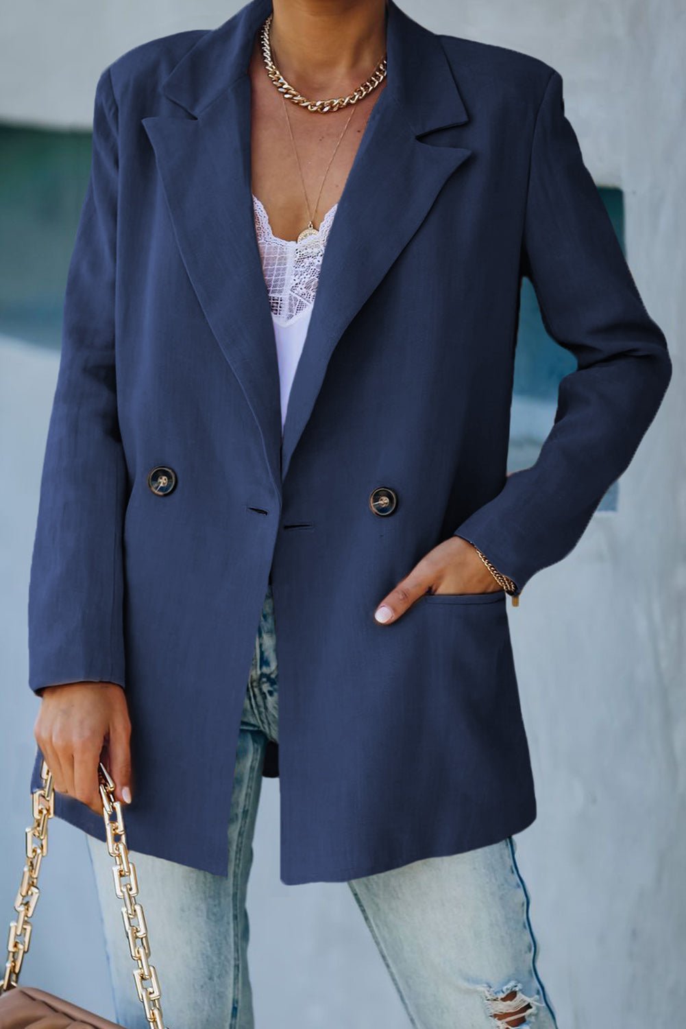 Double-Breasted Padded Shoulder Blazer - Quelle's BoutiQue