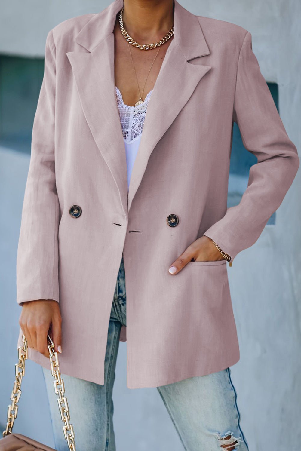 Double-Breasted Padded Shoulder Blazer - Quelle's BoutiQue