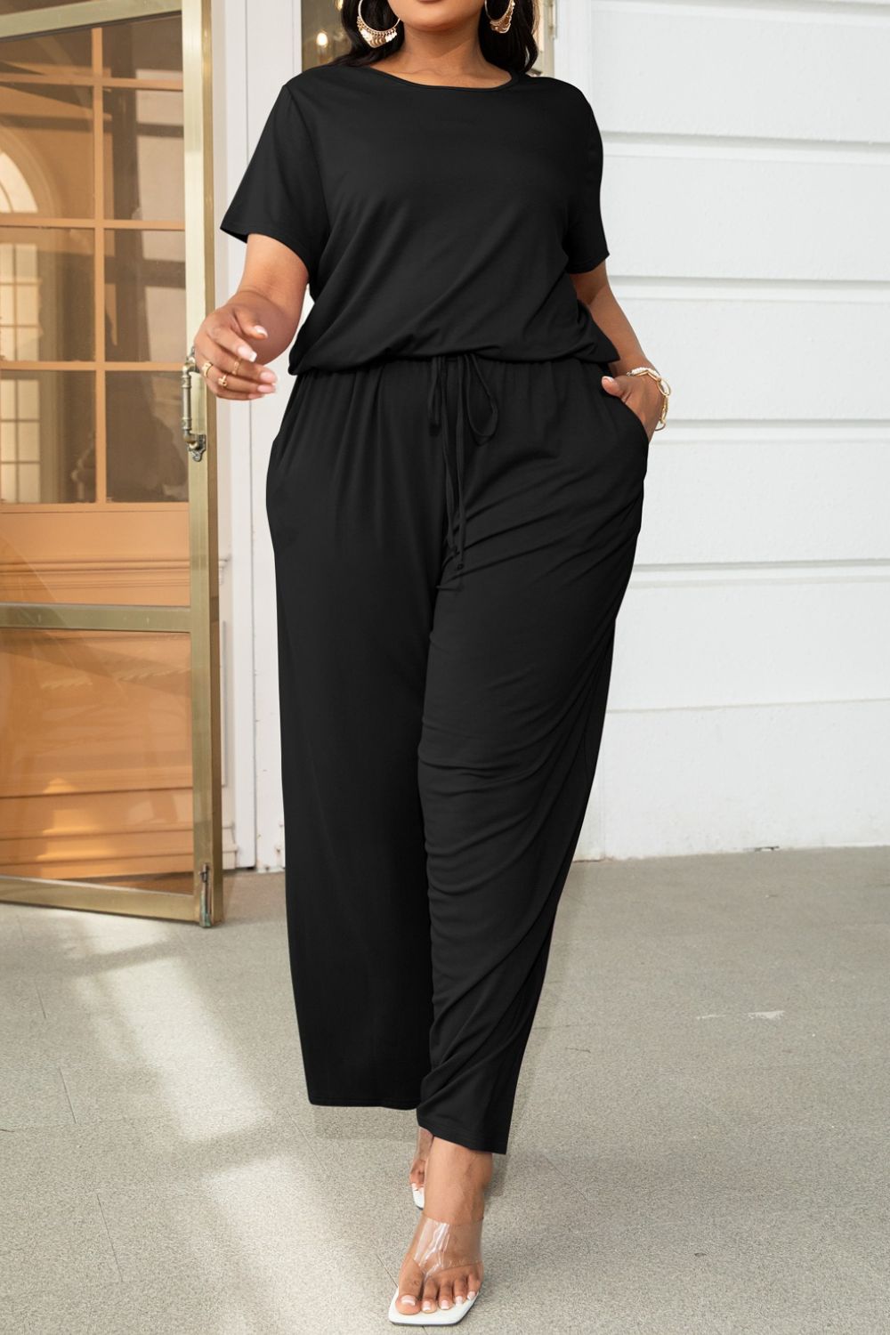 Drawstring Waist Short Sleeve Jumpsuit - Quelle's BoutiQue