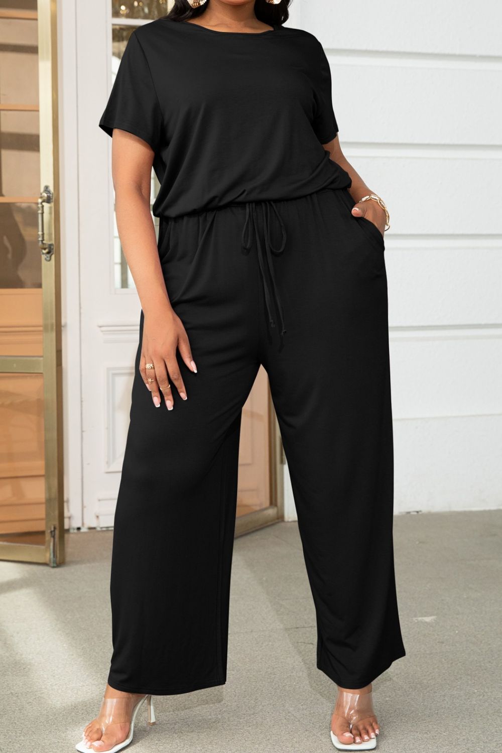 Drawstring Waist Short Sleeve Jumpsuit - Quelle's BoutiQue