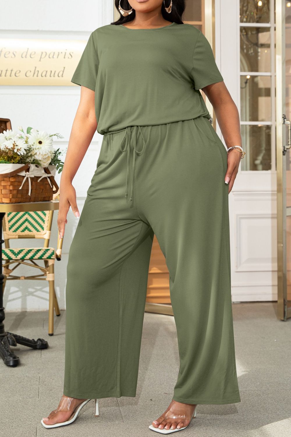 Drawstring Waist Short Sleeve Jumpsuit - Quelle's BoutiQue