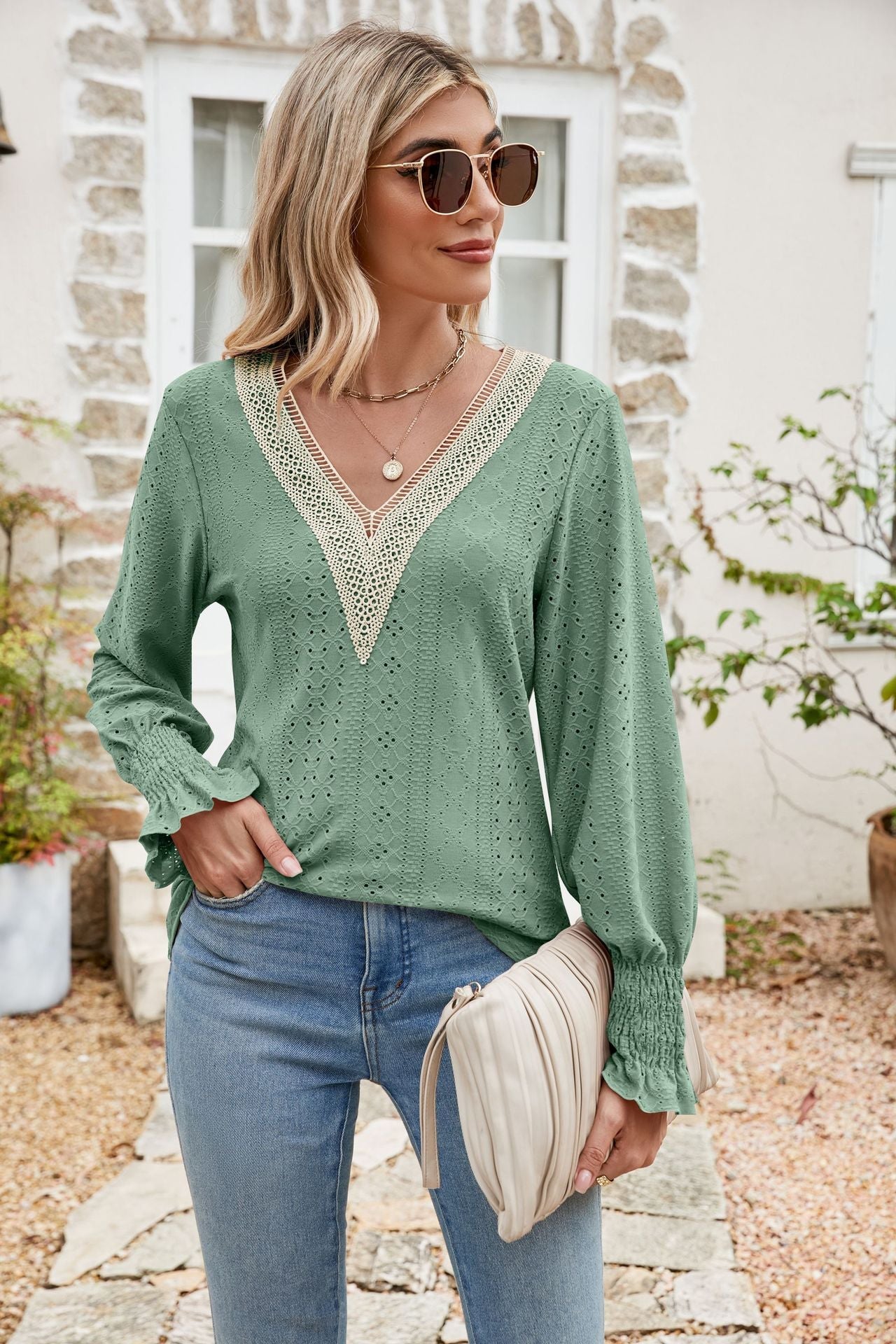Eyelet V-Neck Smocked Flounce Sleeve Blouse - Quelle's BoutiQue
