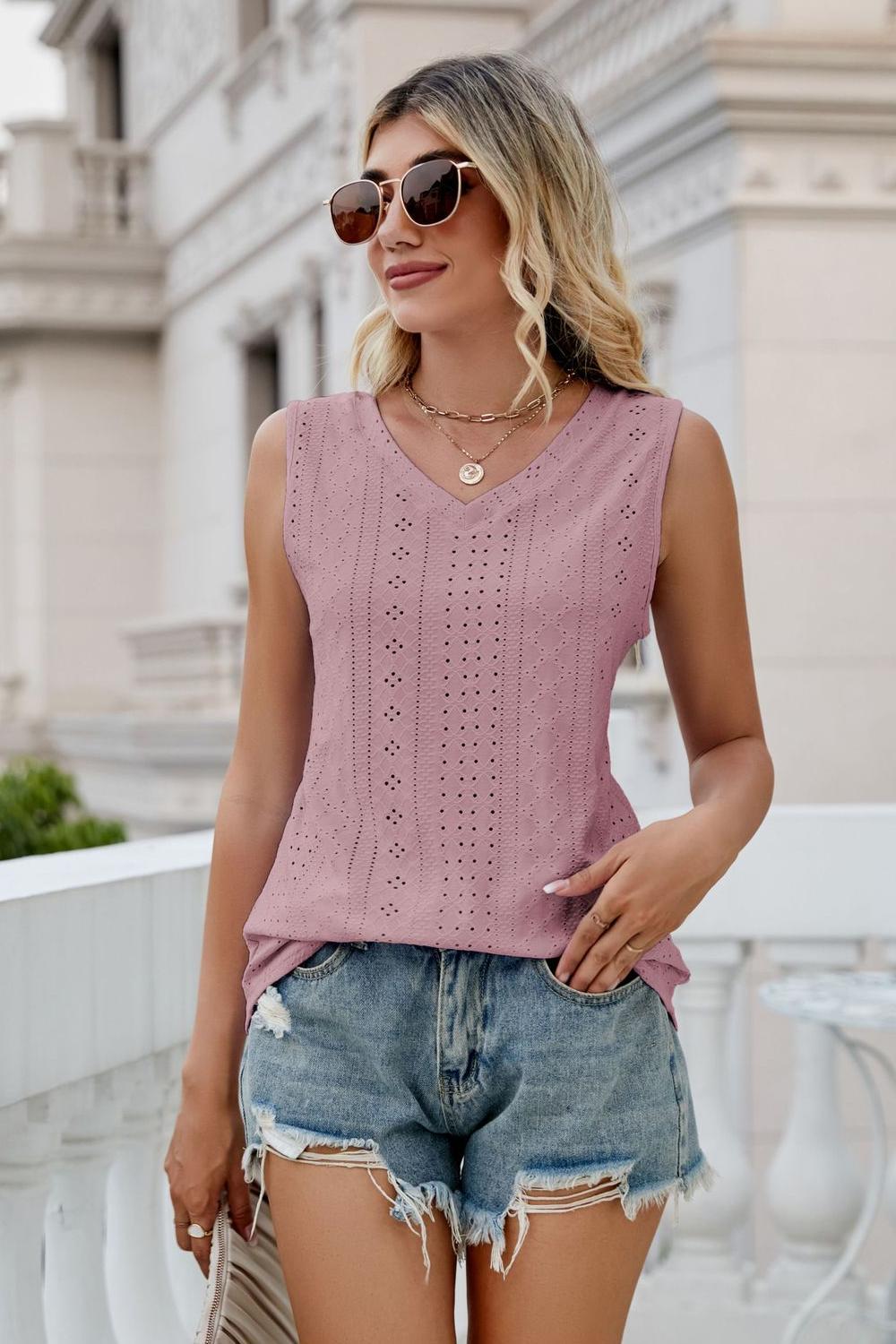 Eyelet V-Neck Tank - Quelle's BoutiQue