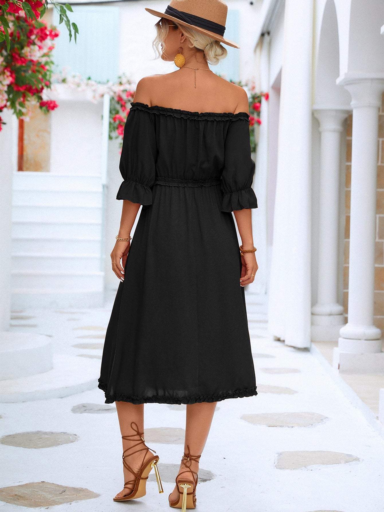 Frilled Off-Shoulder Flounce Sleeve Dress - Quelle's BoutiQue