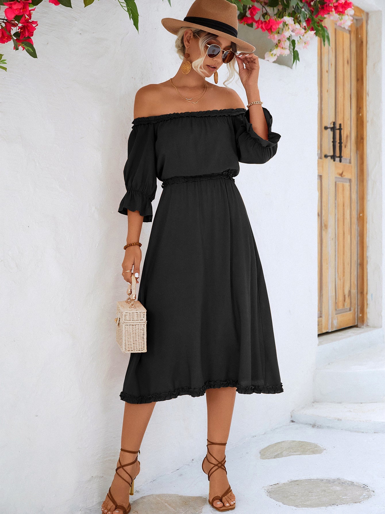 Frilled Off-Shoulder Flounce Sleeve Dress - Quelle's BoutiQue