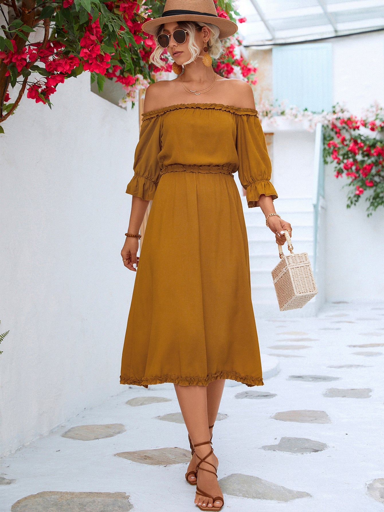 Frilled Off-Shoulder Flounce Sleeve Dress - Quelle's BoutiQue