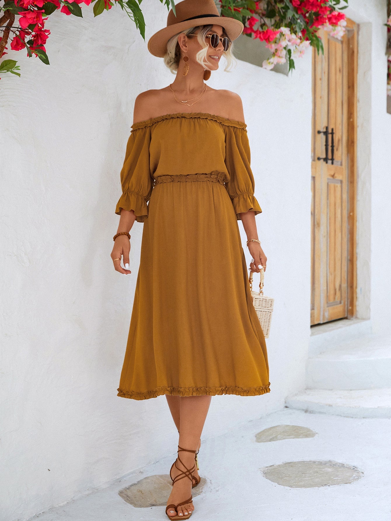 Frilled Off-Shoulder Flounce Sleeve Dress - Quelle's BoutiQue